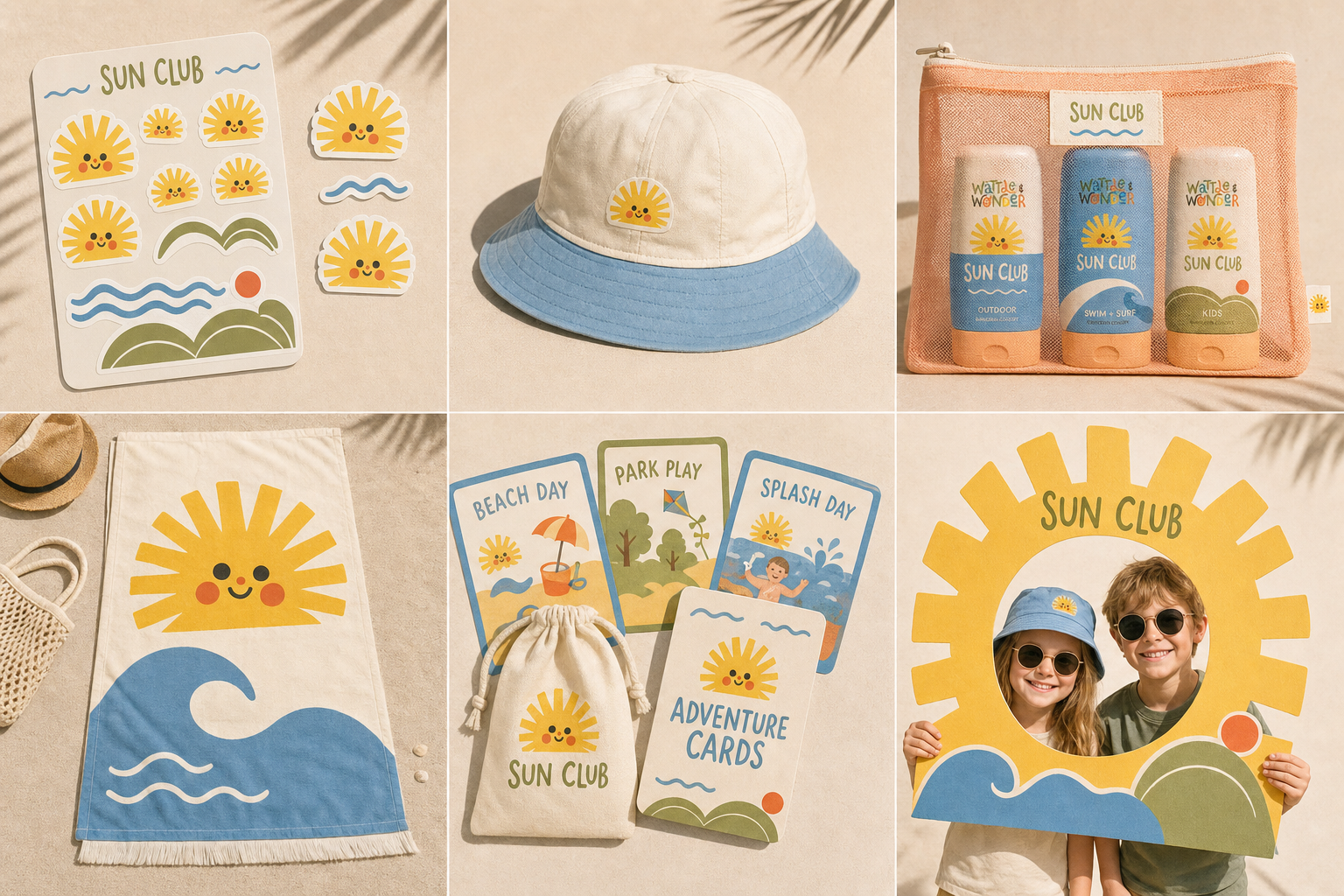 Sun Club concept collection including mascot stickers, a bucket hat, mesh beach pouch, beach towel, adventure cards and a photo frame