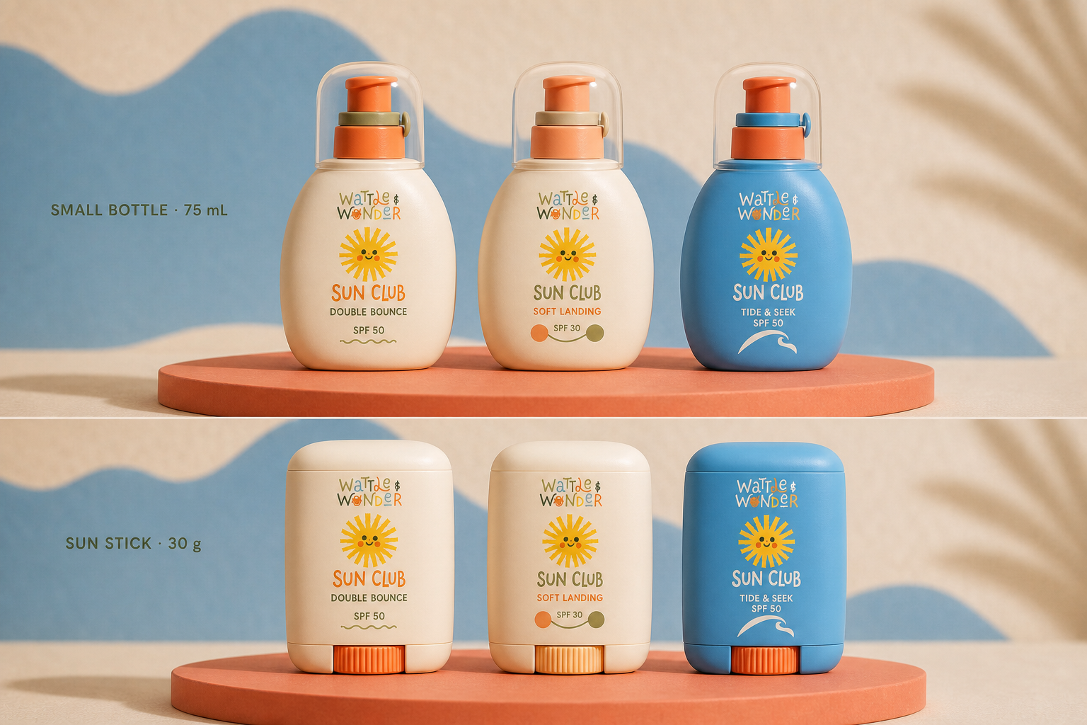 Portable 75 millilitre bottle and 30 gram sun stick concepts for the Sun Club range
